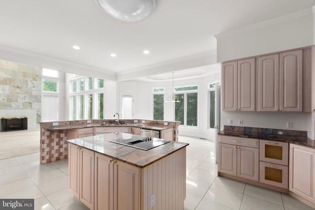 3714 Fairways Ct, Fredericksburg, VA 22408 - kitchen featuring a kitchen island, black electric cooktop, ornamental molding, light tile patterned flooring, and plenty of natural light