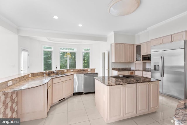 3714 Fairways Ct, Fredericksburg, VA 22408 - kitchen with built in appliances, a large island, crown molding, light tile patterned flooring, and recessed lighting