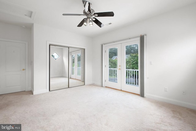3714 Fairways Ct, Fredericksburg, VA 22408 - unfurnished bedroom with access to exterior, french doors, carpet, and a ceiling fan