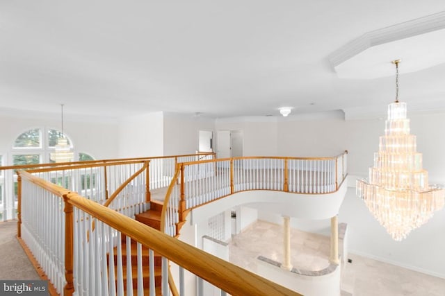 3714 Fairways Ct, Fredericksburg, VA 22408 - corridor with an upstairs landing, a chandelier, and ornamental molding