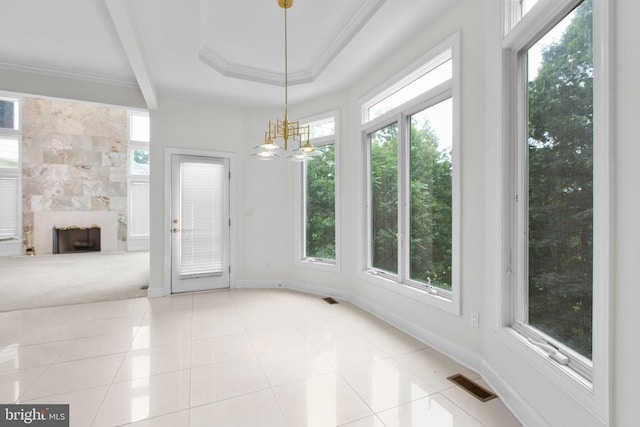 3714 Fairways Ct, Fredericksburg, VA 22408 - unfurnished dining area with a chandelier, a fireplace, beam ceiling, crown molding, and light tile patterned floors
