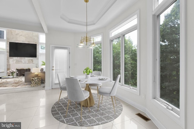 3714 Fairways Ct, Fredericksburg, VA 22408 - dining room with light tile patterned floors, healthy amount of natural light, beamed ceiling, a chandelier, and crown molding