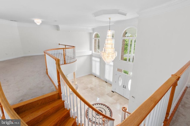 3714 Fairways Ct, Fredericksburg, VA 22408 - staircase with a chandelier and crown molding