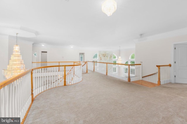 3714 Fairways Ct, Fredericksburg, VA 22408 - corridor with an upstairs landing, carpet, crown molding, and a chandelier