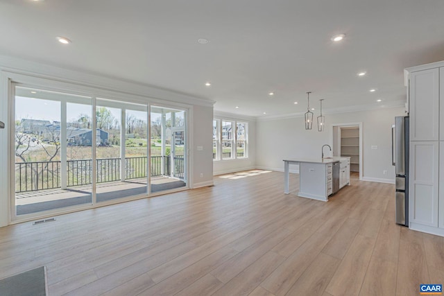 36 Mary Jackson Ct, Charlottesville, VA 22902 - unfurnished living room featuring ornamental molding, baseboards, light wood finished floors, recessed lighting, and a sink