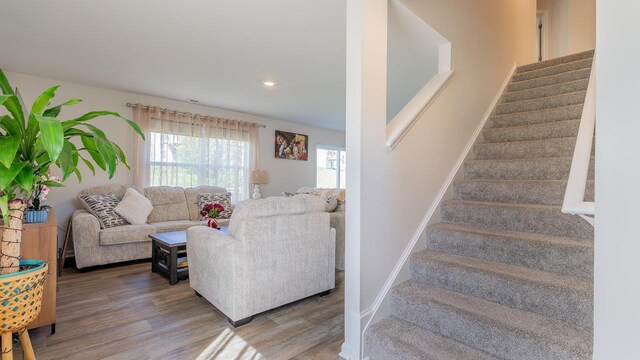 306 Coyote Run, Broadway, VA 22815 - stairway with wood finished floors, baseboards, and recessed lighting