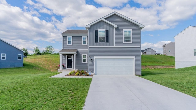 306 Coyote Run, Broadway, VA 22815 - traditional-style home featuring an attached garage, board and batten siding, a front lawn, and concrete driveway