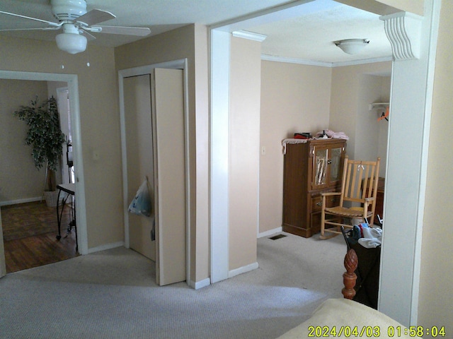 hall with carpet flooring, baseboards, and ornamental molding