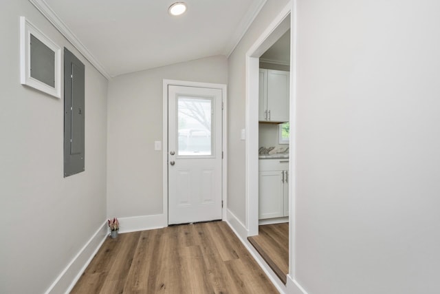 274 Dry Branch Rd, Churchville, VA 24421 - doorway to outside with electric panel, light wood-style flooring, lofted ceiling, baseboards, and recessed lighting