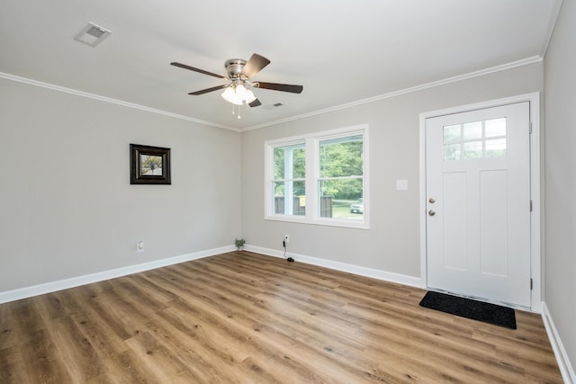 274 Dry Branch Rd, Churchville, VA 24421 - entryway with crown molding, wood finished floors, baseboards, and a ceiling fan