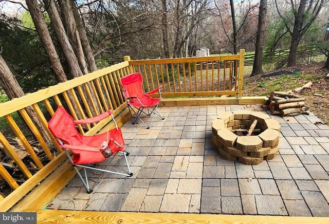 6603 Farmstead Ln, Fredericksburg, VA 22407 - view of patio / terrace featuring a fire pit and view of wooded area