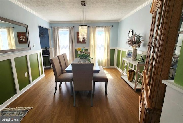 6603 Farmstead Ln, Fredericksburg, VA 22407 - dining space featuring a textured ceiling, ornamental molding, wood finished floors, and wainscoting