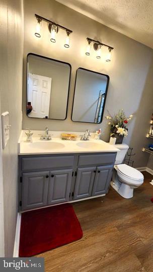6603 Farmstead Ln, Fredericksburg, VA 22407 - full bath featuring double vanity, wood finished floors, a textured ceiling, and toilet