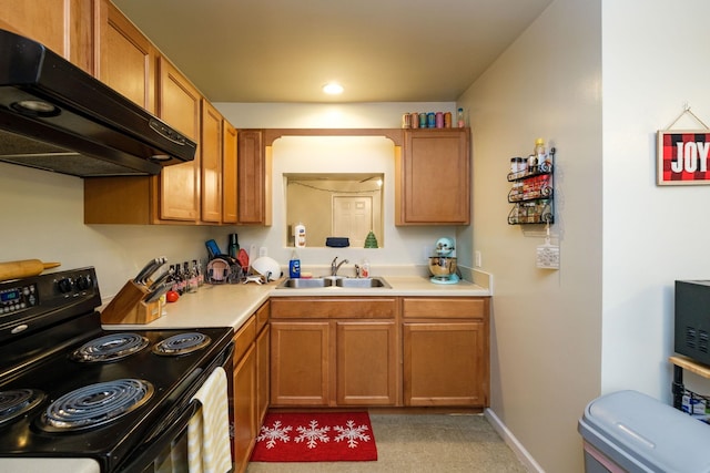 2754 Maple Ave, Buena Vista, VA 24416 - kitchen with brown cabinets, a sink, black electric range oven, under cabinet range hood, and light countertops