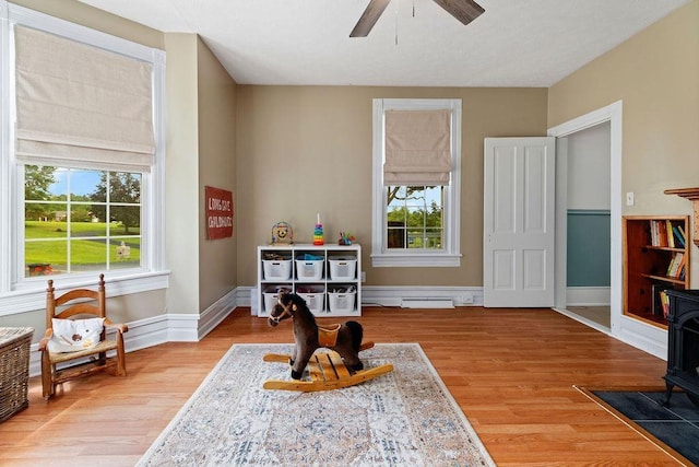 757 Entry School Rd, Waynesboro, VA 22980 - living area with a wood stove, light wood-type flooring, and a ceiling fan