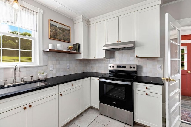 757 Entry School Rd, Waynesboro, VA 22980 - kitchen with stainless steel range with electric cooktop, under cabinet range hood, decorative backsplash, and dark countertops
