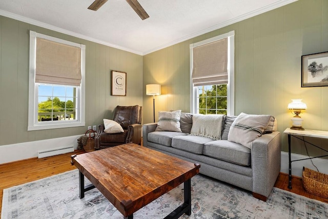 757 Entry School Rd, Waynesboro, VA 22980 - living room featuring baseboard heating, wood finished floors, ornamental molding, and a ceiling fan