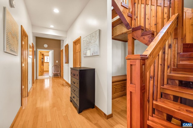6696 Highlander Way, Crozet, VA 22932 - hallway with light wood-type flooring, recessed lighting, and stairway
