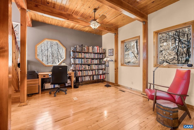 home office featuring wood ceiling, a ceiling fan, visible vents, beamed ceiling, and hardwood / wood-style flooring