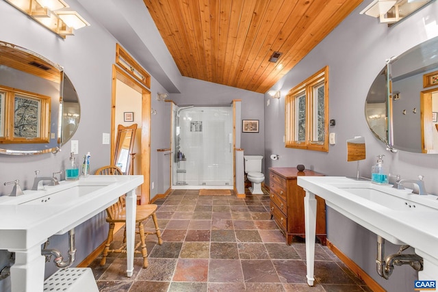 6696 Highlander Way, Crozet, VA 22932 - full bath with baseboards, toilet, a shower stall, stone tile flooring, and lofted ceiling