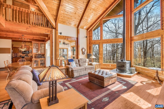 6696 Highlander Way, Crozet, VA 22932 - living area with a wood stove, high vaulted ceiling, hardwood / wood-style floors, wooden ceiling with exposed beams, and ceiling fan