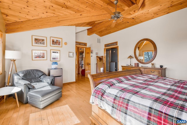 bedroom with hardwood / wood-style floors, visible vents, vaulted ceiling, ceiling fan, and wooden ceiling