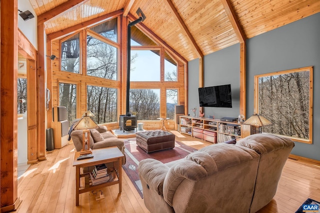 6696 Highlander Way, Crozet, VA 22932 - living room featuring a wood stove, high vaulted ceiling, light wood finished floors, and wood ceiling with exposed beams