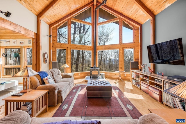 living room featuring beamed ceiling, wood ceiling, and wood finished floors