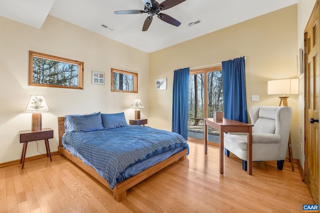 6696 Highlander Way, Crozet, VA 22932 - bedroom featuring access to outside, light wood-type flooring, baseboards, and a ceiling fan