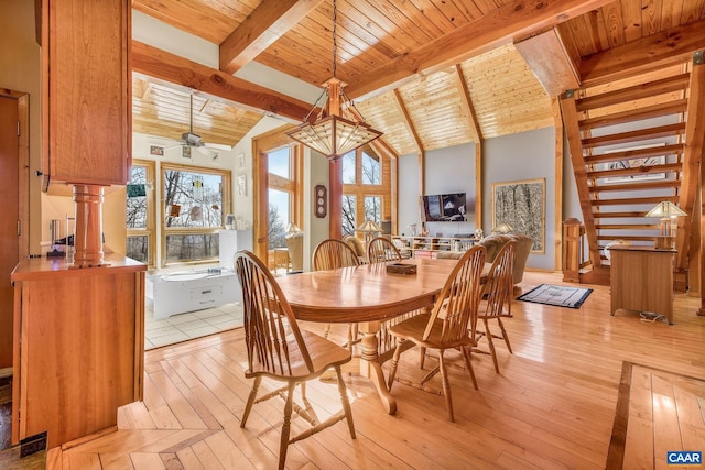 dining area with wooden ceiling, a wealth of natural light, lofted ceiling with beams, and light wood-style floors