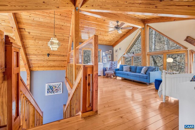 6696 Highlander Way, Crozet, VA 22932 - living area with wooden ceiling, ceiling fan, and light wood-type flooring