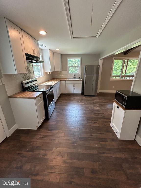1346 Lakeshore Dr N, Louisa, VA 23093 - kitchen featuring stainless steel appliances, under cabinet range hood, white cabinets, dark wood finished floors, and recessed lighting
