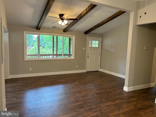 1346 Lakeshore Dr N, Louisa, VA 23093 - unfurnished living room with dark wood-style flooring, a ceiling fan, and beamed ceiling