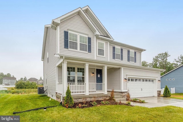 8720 Afton Dr, Spotsylvania, VA 22551 - view of front of property featuring a porch, concrete driveway, a garage, a front lawn, and central air condition unit