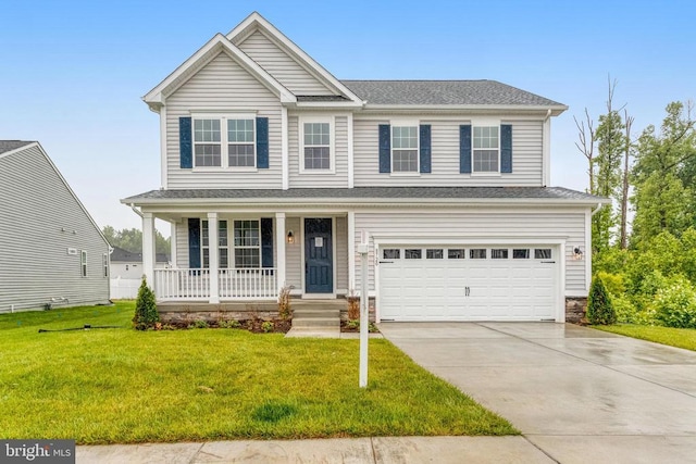 8720 Afton Dr, Spotsylvania, VA 22551 - view of front facade with a porch, a garage, a front yard, and concrete driveway