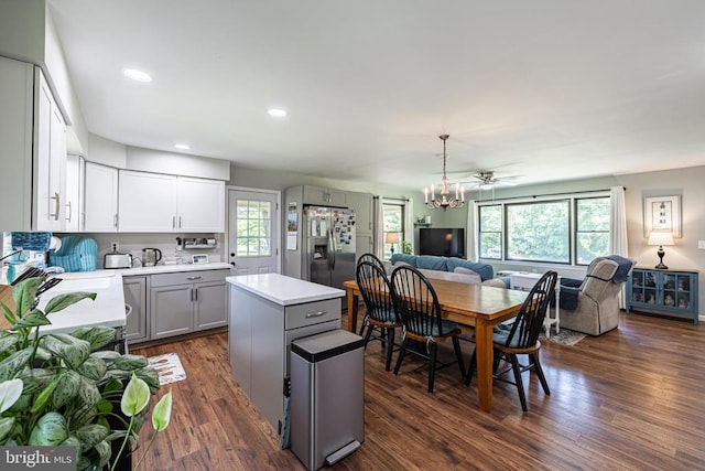 7208 Kirtley Trl, Culpeper, VA 22701 - kitchen featuring stainless steel refrigerator with ice dispenser, gray cabinets, a chandelier, open floor plan, and a center island