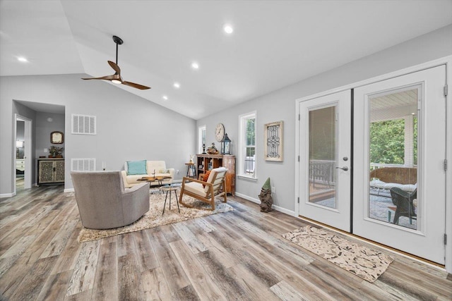 7 Oak View Dr, Staunton, VA 24401 - living area featuring french doors, a ceiling fan, wood finished floors, vaulted ceiling, and recessed lighting