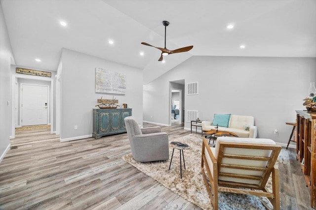7 Oak View Dr, Staunton, VA 24401 - living area featuring ceiling fan, wood finished floors, vaulted ceiling, and recessed lighting
