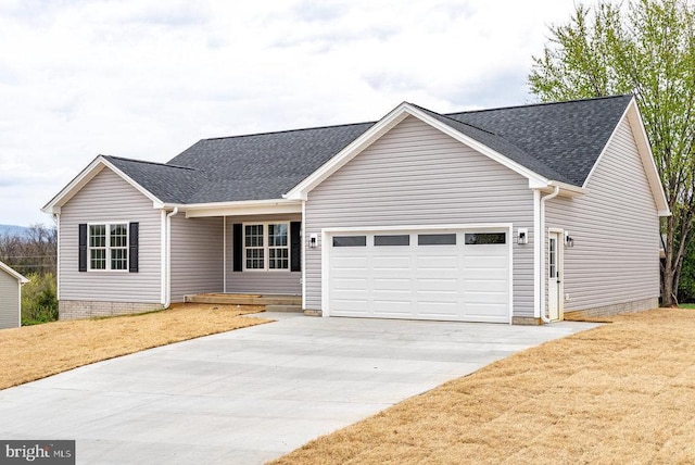407 Leola Loop, Stanley, VA 22851 - view of front facade featuring a garage, roof with shingles, concrete driveway, and a front lawn