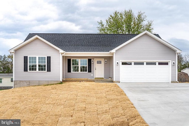 407 Leola Loop, Stanley, VA 22851 - ranch-style home featuring driveway, a garage, a front yard, and a shingled roof