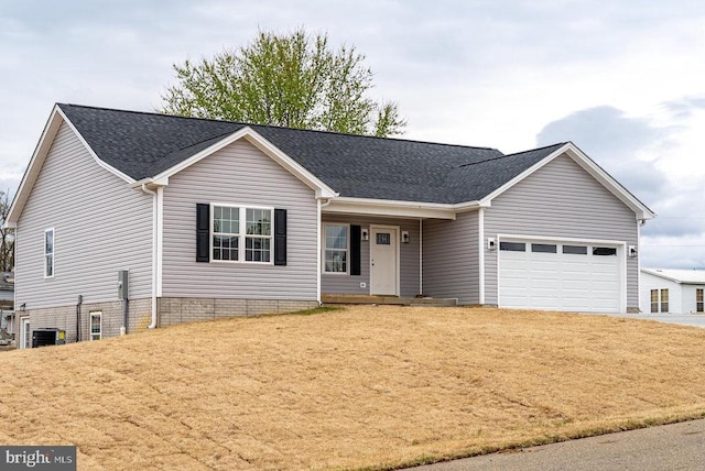 407 Leola Loop, Stanley, VA 22851 - single story home with concrete driveway, an attached garage, a front lawn, roof with shingles, and central AC