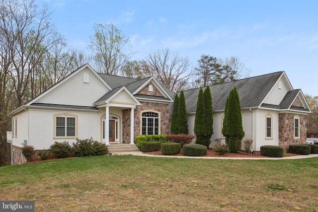 32314 Deep Meadow Ln, Locust Grove, VA 22508 - view of front of property with stone siding, a front yard, and stucco siding