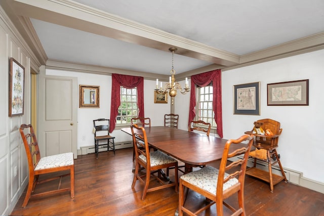 145 Fort Defiance Rd, Fort Defiance, VA 24437 - dining room featuring ornamental molding, dark wood-style flooring, a chandelier, and baseboard heating