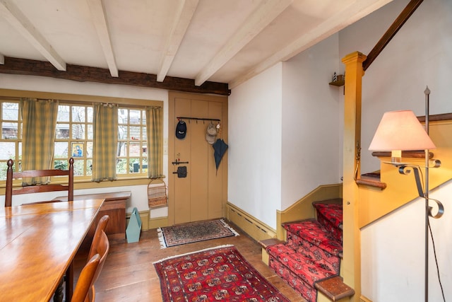 145 Fort Defiance Rd, Fort Defiance, VA 24437 - entryway featuring beam ceiling, wood finished floors, healthy amount of natural light, and stairs