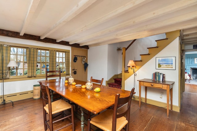 145 Fort Defiance Rd, Fort Defiance, VA 24437 - dining area featuring wood-type flooring, stairs, beamed ceiling, and a baseboard heating unit