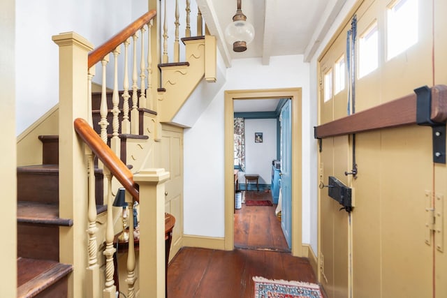145 Fort Defiance Rd, Fort Defiance, VA 24437 - stairway featuring hardwood / wood-style flooring, beamed ceiling, and baseboards