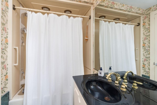 145 Fort Defiance Rd, Fort Defiance, VA 24437 - full bath featuring wallpapered walls, shower / tub combo with curtain, and vanity