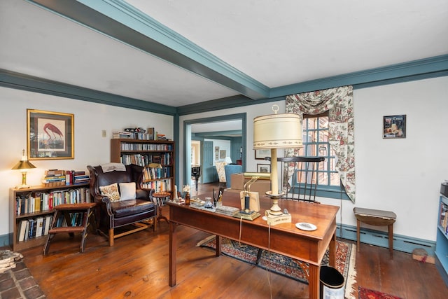 145 Fort Defiance Rd, Fort Defiance, VA 24437 - office space featuring a baseboard heating unit, ornamental molding, wood finished floors, and beamed ceiling