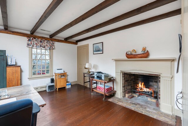 145 Fort Defiance Rd, Fort Defiance, VA 24437 - living area with a fireplace with flush hearth, hardwood / wood-style floors, beamed ceiling, and baseboard heating