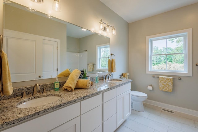 14758 Green View Dr, Elkton, VA 22827 - full bath featuring baseboards, double vanity, a shower, toilet, and tile patterned flooring